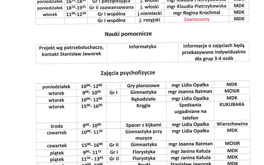 Harmonogram zajęć fakultatywnych 2023  po zmianach miejsc i godzin  zajęć:  gimnastyki, brydża, rękodzieła.