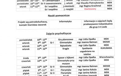 Harmonogram zajęć fakultatywnych 2023  po zmianach miejsc i godzin  zajęć:  gimnastyki, brydża, rękodzieła.